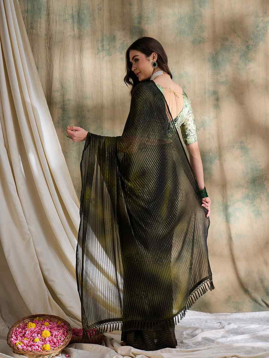 Olive Green Sparkle Lining Silk Printed Casual Reception Festival Wedding Fancy Classic Style Sarees