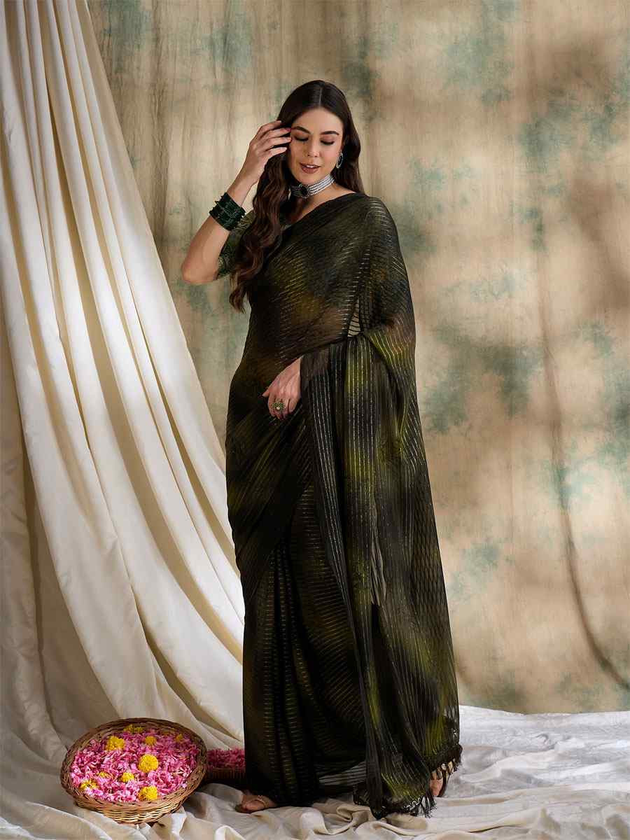Olive Green Sparkle Lining Silk Printed Casual Reception Festival Wedding Fancy Classic Style Sarees