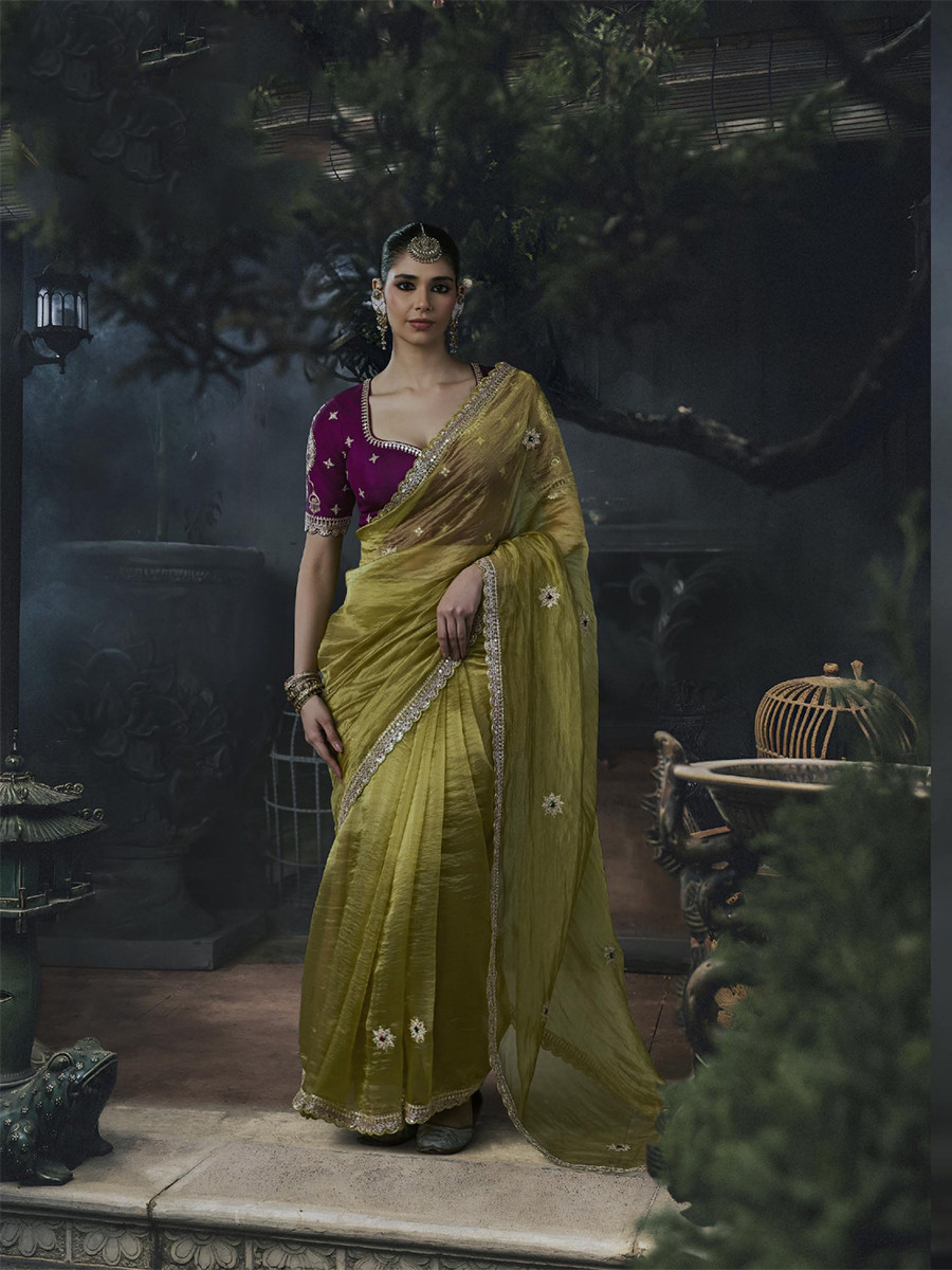 Olive Green Tissue Silk Embroidery Stone Work Sequins Wedding Reception Party Festival Casual Heavy Border Sarees