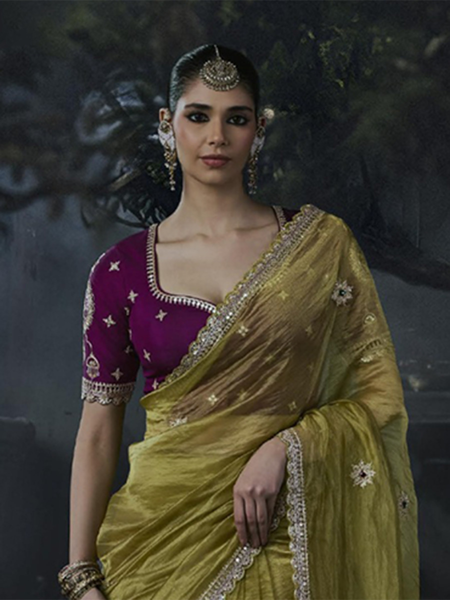 Olive Green Tissue Silk Embroidery Stone Work Sequins Wedding Reception Party Festival Casual Heavy Border Sarees