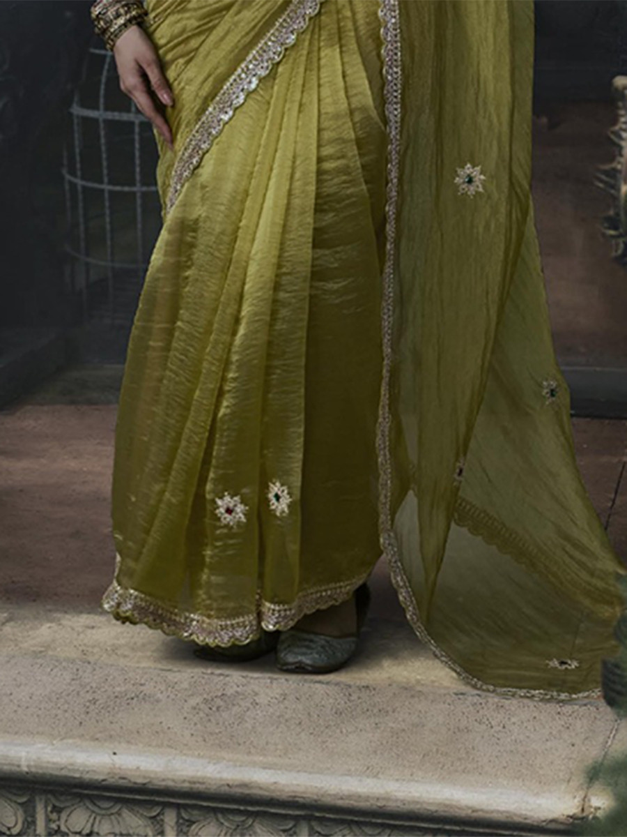 Olive Green Tissue Silk Embroidery Stone Work Sequins Wedding Reception Party Festival Casual Heavy Border Sarees