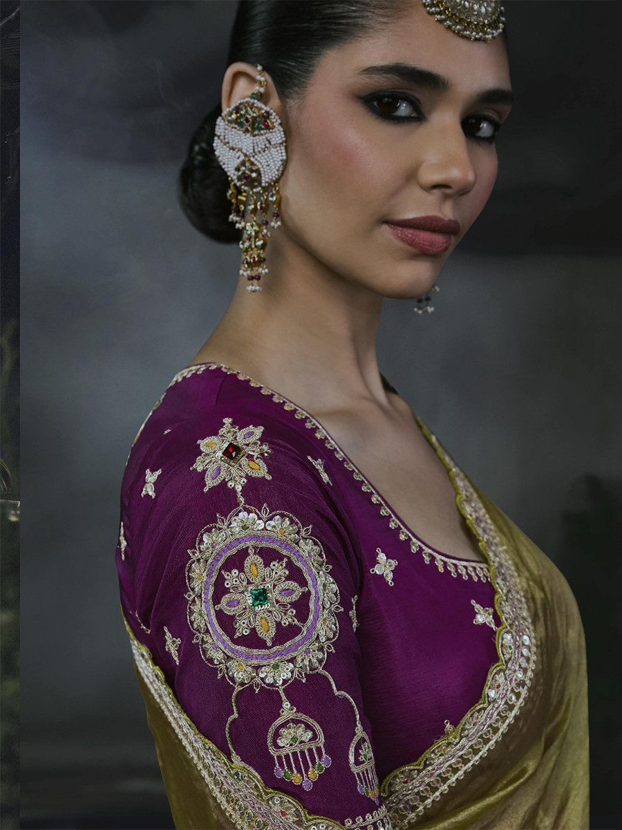 Olive Green Tissue Silk Embroidery Stone Work Sequins Wedding Reception Party Festival Casual Heavy Border Sarees