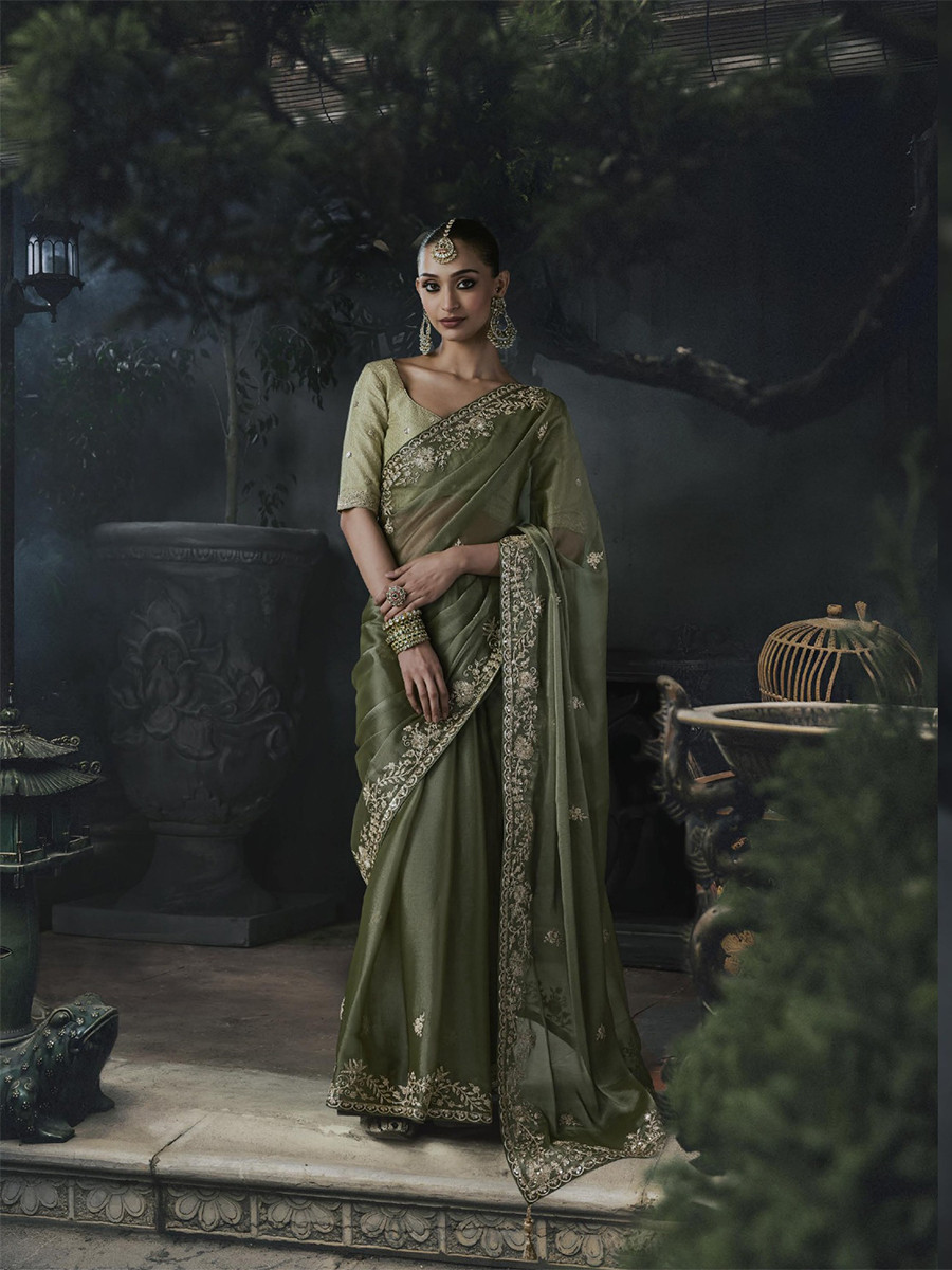 Olive Green Tissue Silk Embroidery Stone Work Sequins Wedding Reception Party Festival Casual Heavy Border Sarees