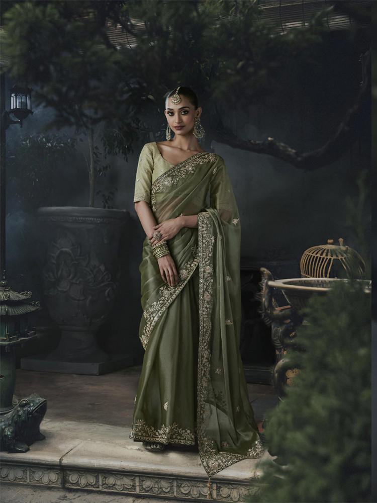 Image of Olive Green Tissue Silk Embroidery Stone Work Sequins Wedding Reception Party Festival Casual Heavy Border Sarees