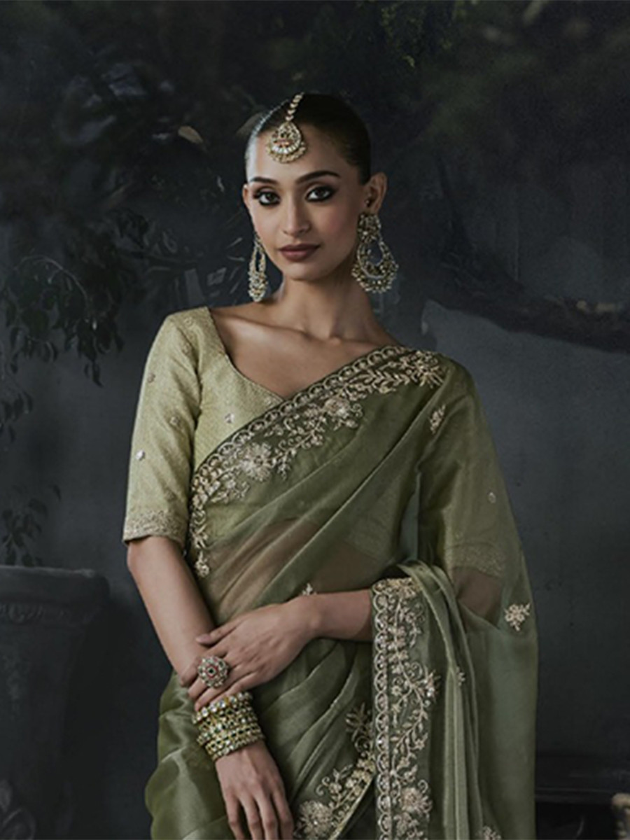 Olive Green Tissue Silk Embroidery Stone Work Sequins Wedding Reception Party Festival Casual Heavy Border Sarees