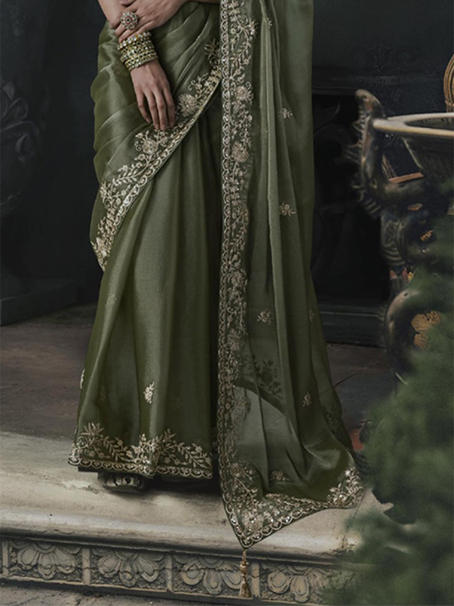 Olive Green Tissue Silk Embroidery Stone Work Sequins Wedding Reception Party Festival Casual Heavy Border Sarees