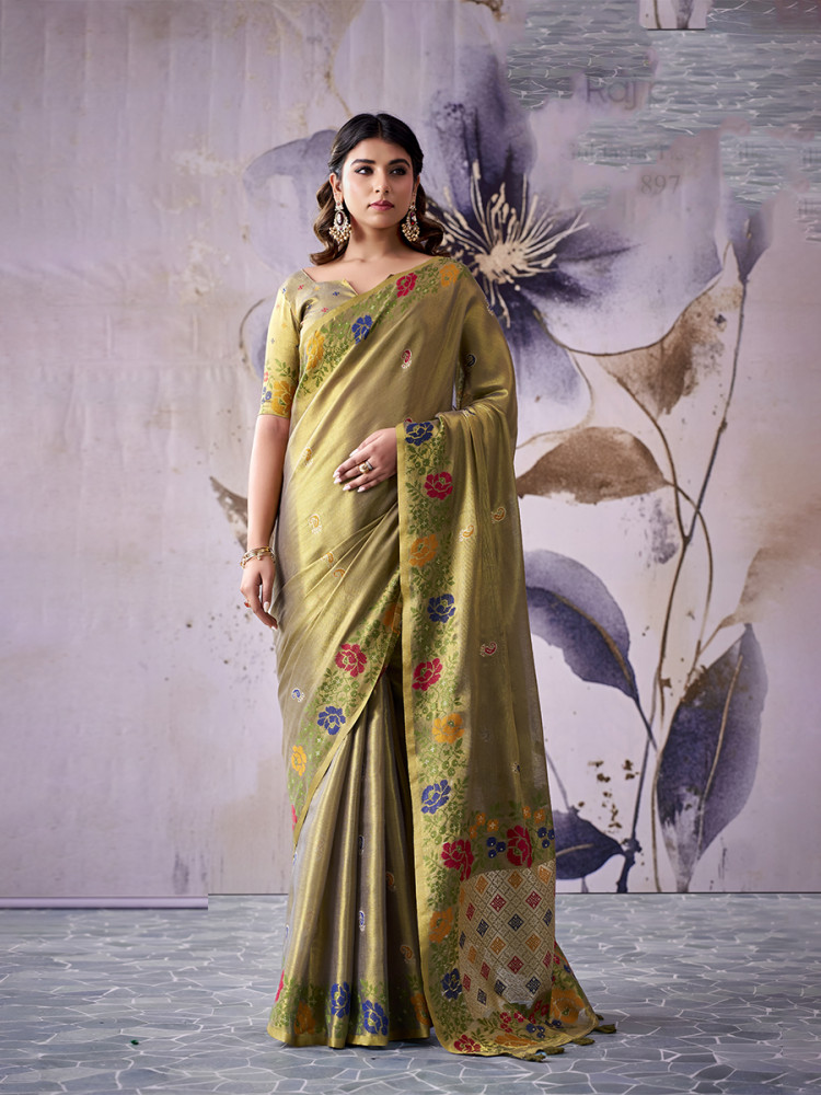 Image of Olive Green Tissue Silk Handwoven Wedding Reception Party Festival Casual Heavy Border Sarees