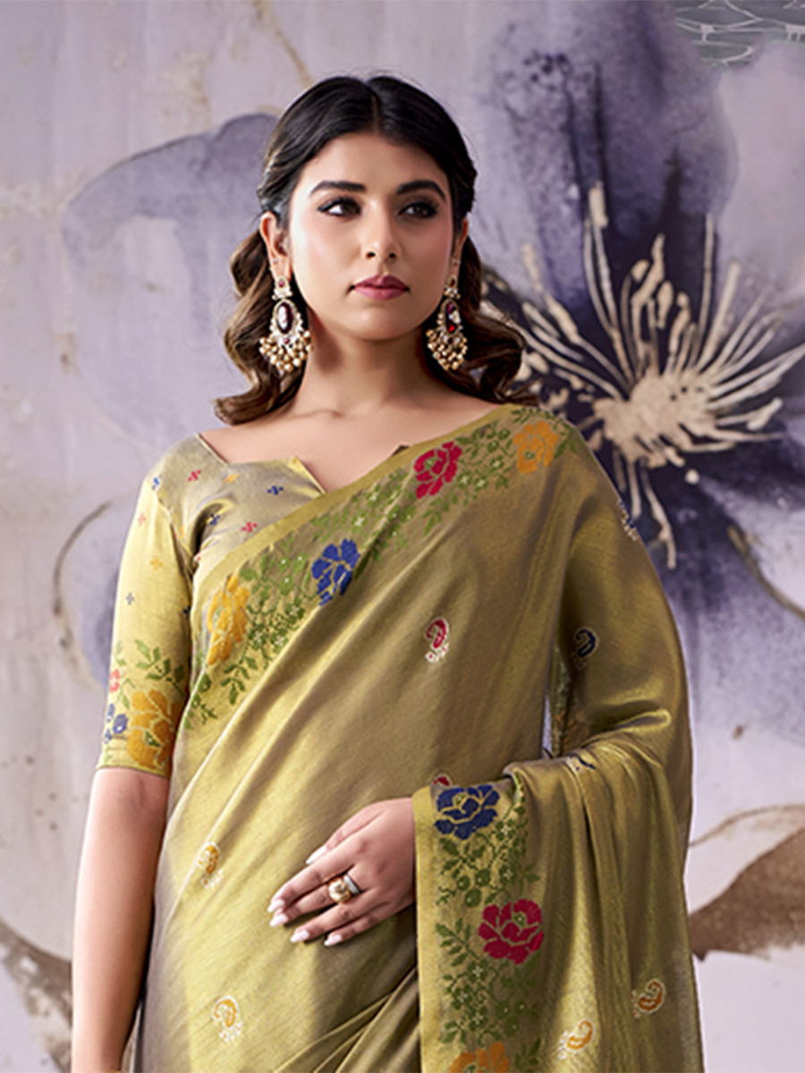 Olive Green Tissue Silk Handwoven Wedding Reception Party Festival Casual Heavy Border Sarees