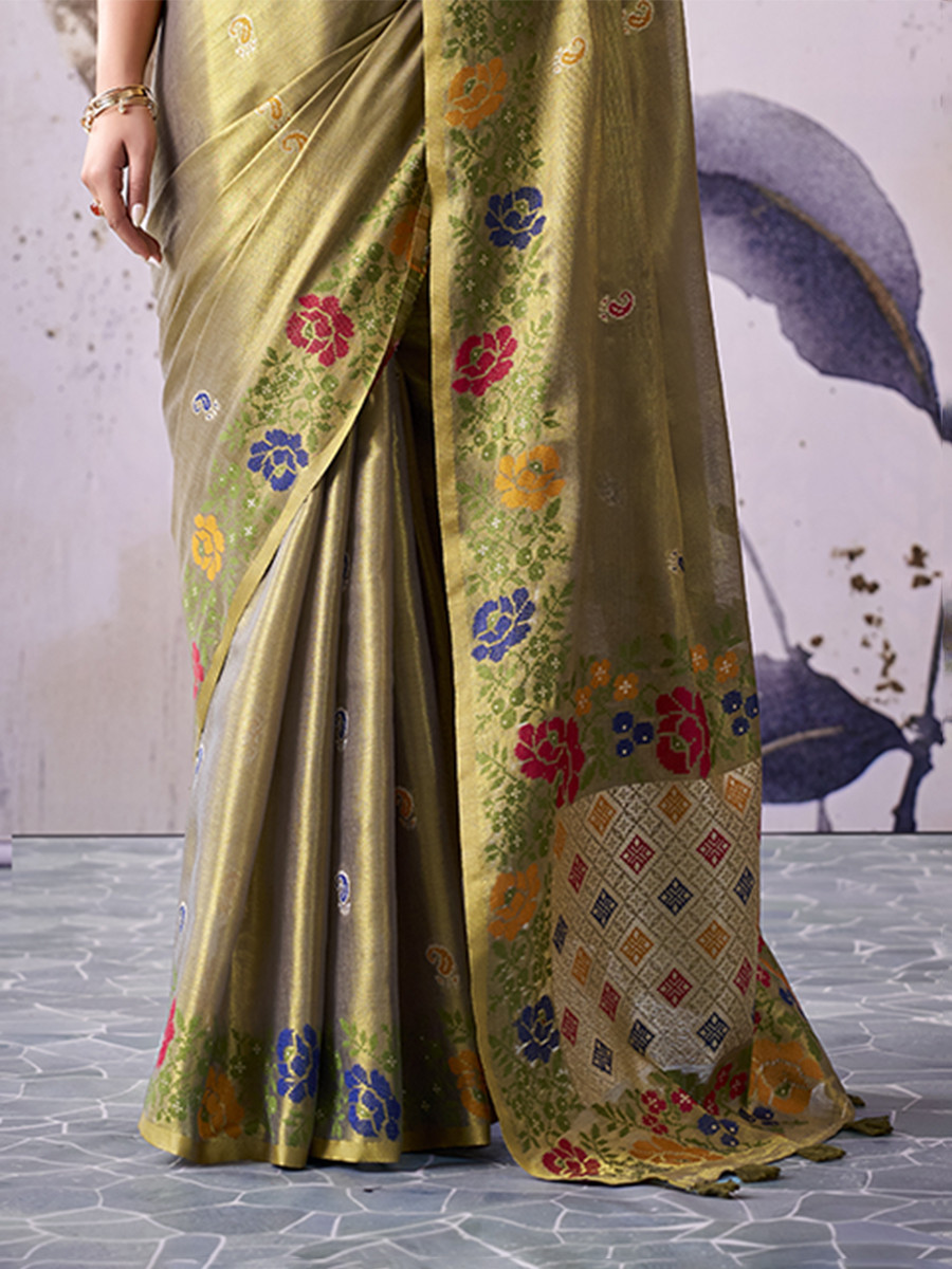 Olive Green Tissue Silk Handwoven Wedding Reception Party Festival Casual Heavy Border Sarees