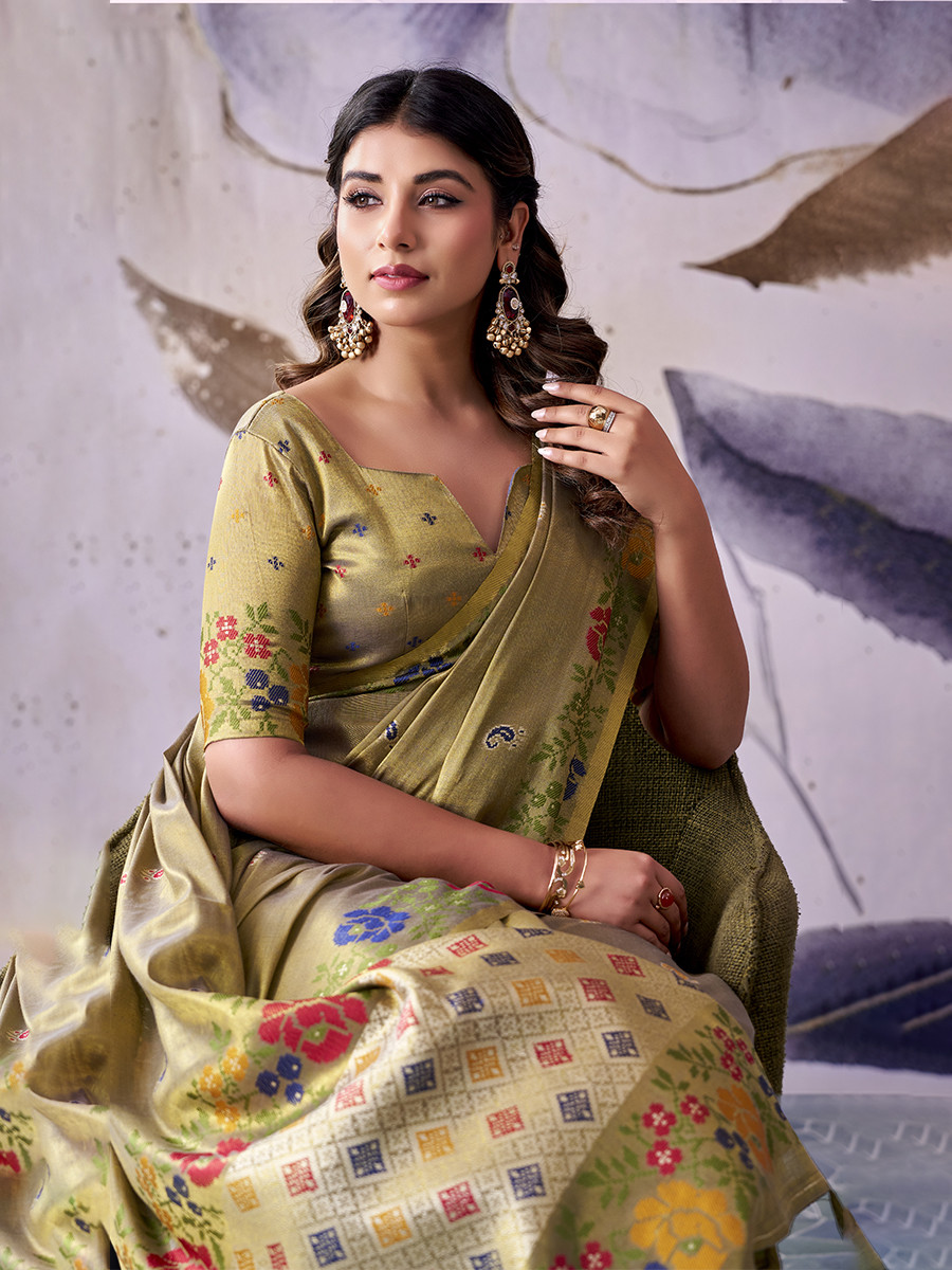 Olive Green Tissue Silk Handwoven Wedding Reception Party Festival Casual Heavy Border Sarees