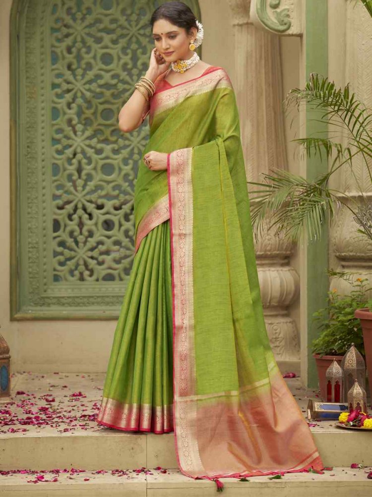 Olive Green Tussar Silk Handwoven Wedding Festival Heavy Border Saree