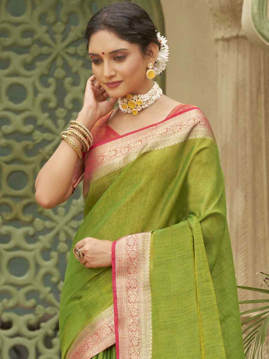 Olive Green Tussar Silk Handwoven Wedding Festival Heavy Border Saree