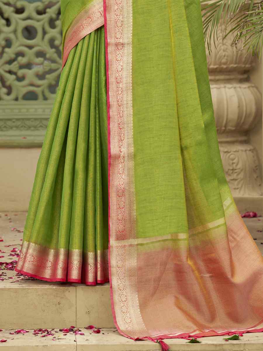 Olive Green Tussar Silk Handwoven Wedding Festival Heavy Border Saree