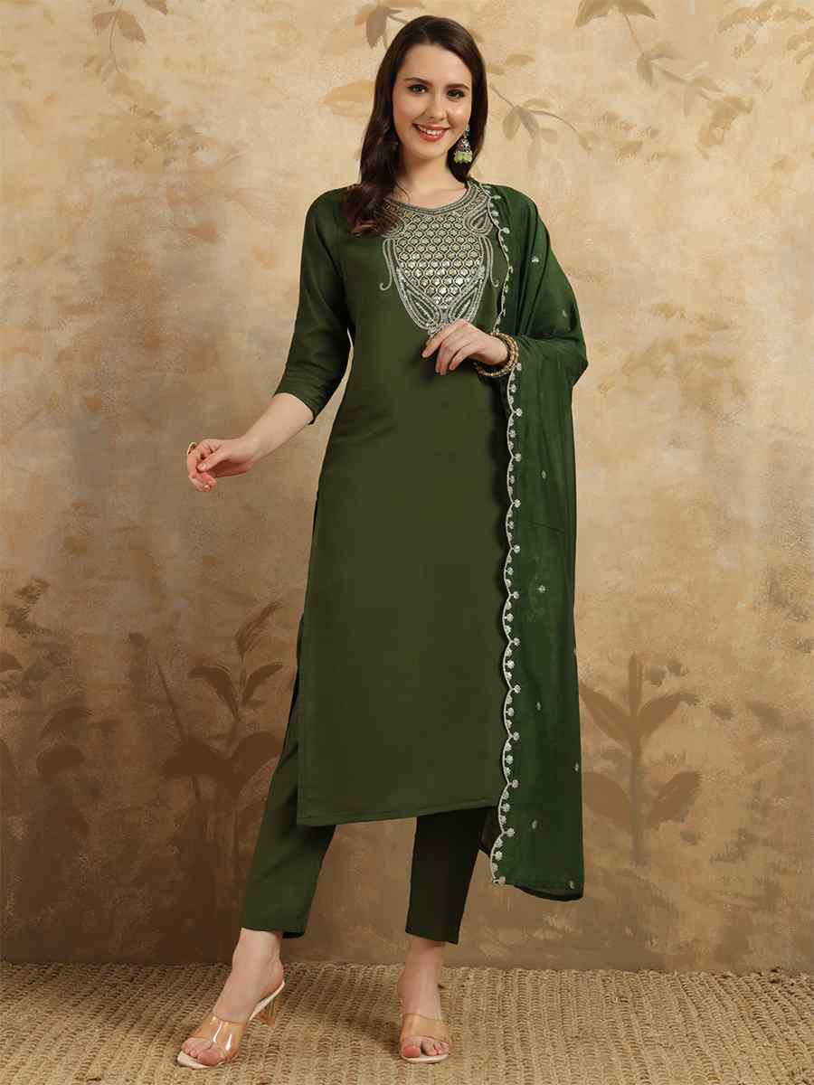 Olive Green Viscose Chanderi Embroidered Festival Casual Ready Pant Salwar Kameez