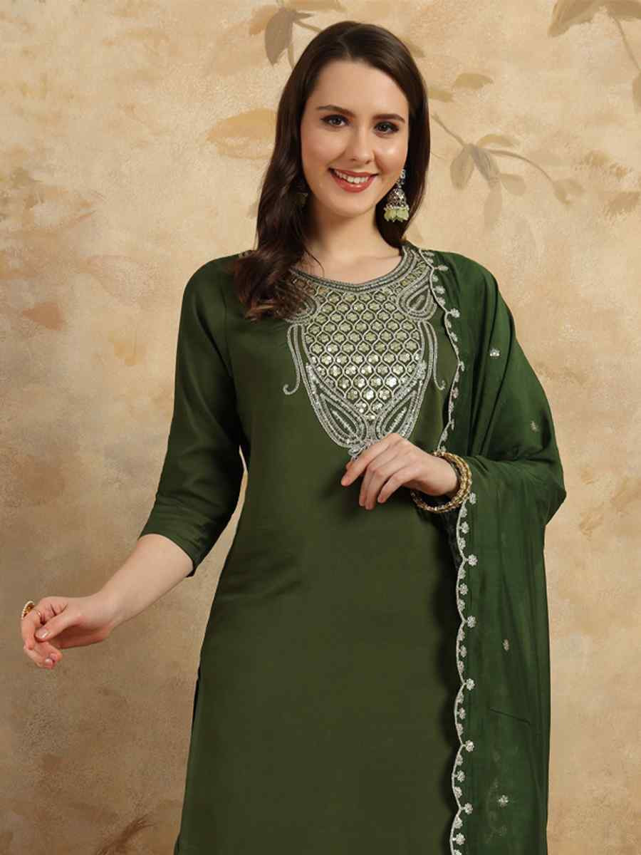 Olive Green Viscose Chanderi Embroidered Festival Casual Ready Pant Salwar Kameez
