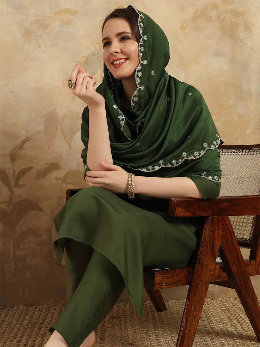 Olive Green Viscose Chanderi Embroidered Festival Casual Ready Pant Salwar Kameez