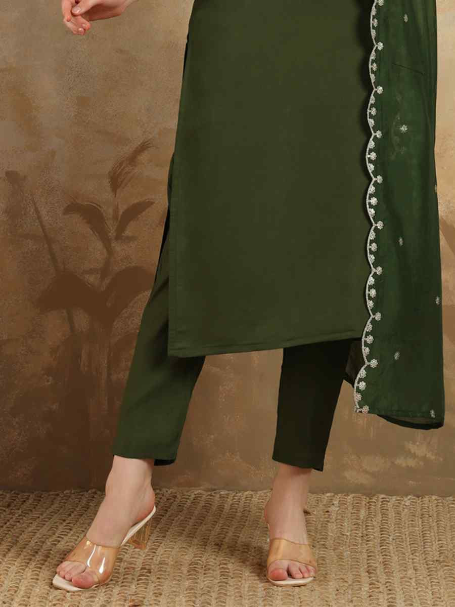 Olive Green Viscose Chanderi Embroidered Festival Casual Ready Pant Salwar Kameez