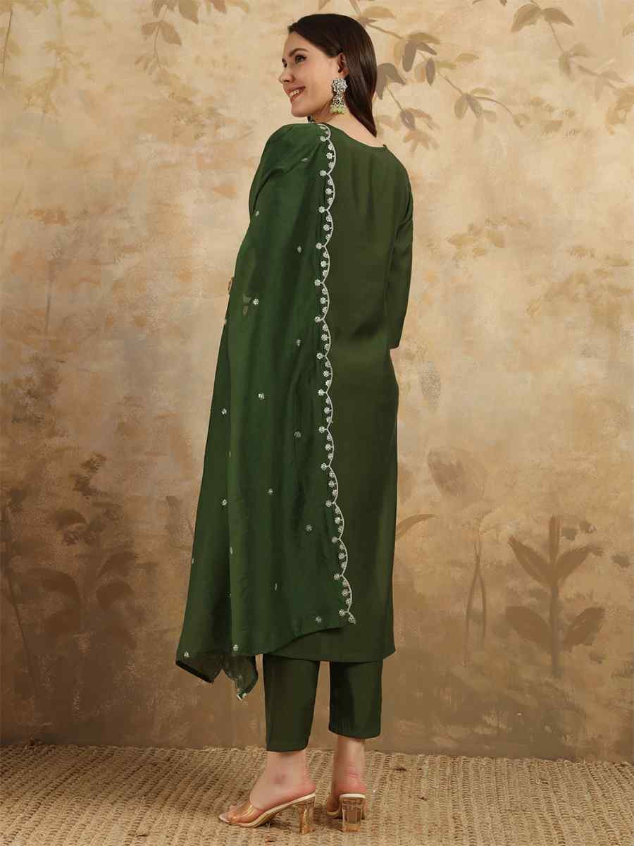Olive Green Viscose Chanderi Embroidered Festival Casual Ready Pant Salwar Kameez