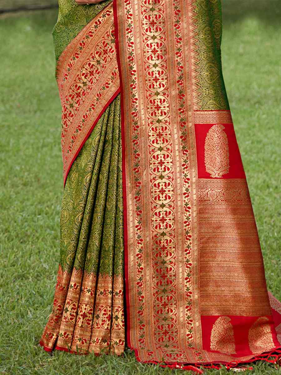 Olive Kanjivaram Silk Handwoven Wedding Festival Heavy Border Saree
