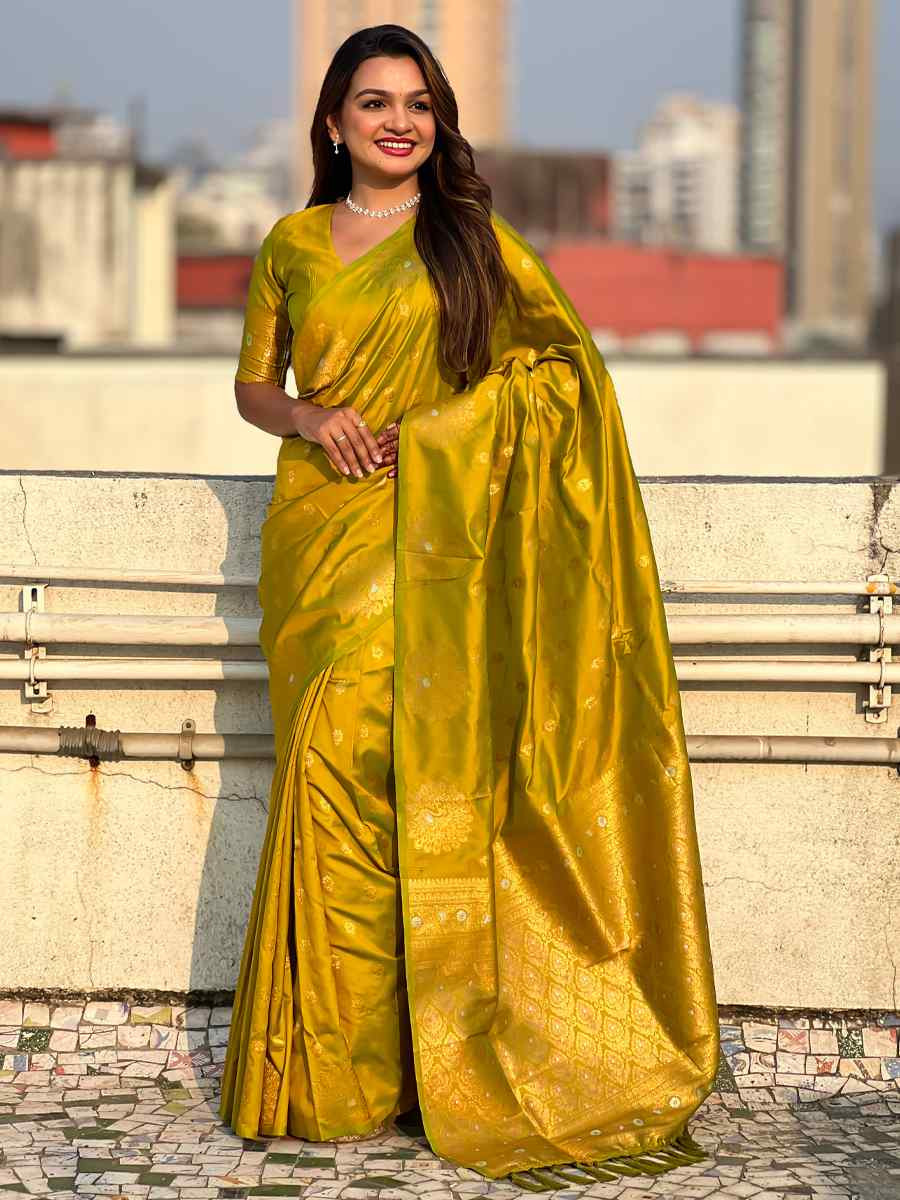 Olive Moonga Silk Handwoven Festival Wedding Heavy Border Saree