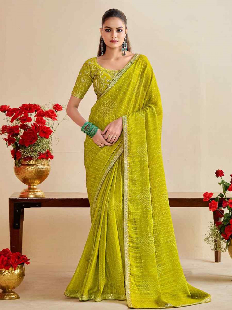 Image of Olive Moss Chiffon Embroidery Party Bridal Reception Festival Wedding Fancy Heavy Border Saree