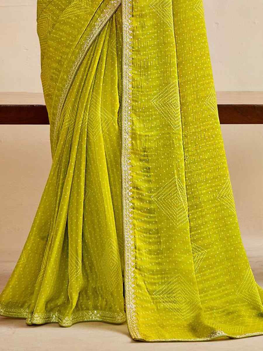 Olive Moss Chiffon Embroidery Party Bridal Reception Festival Wedding Fancy Heavy Border Saree