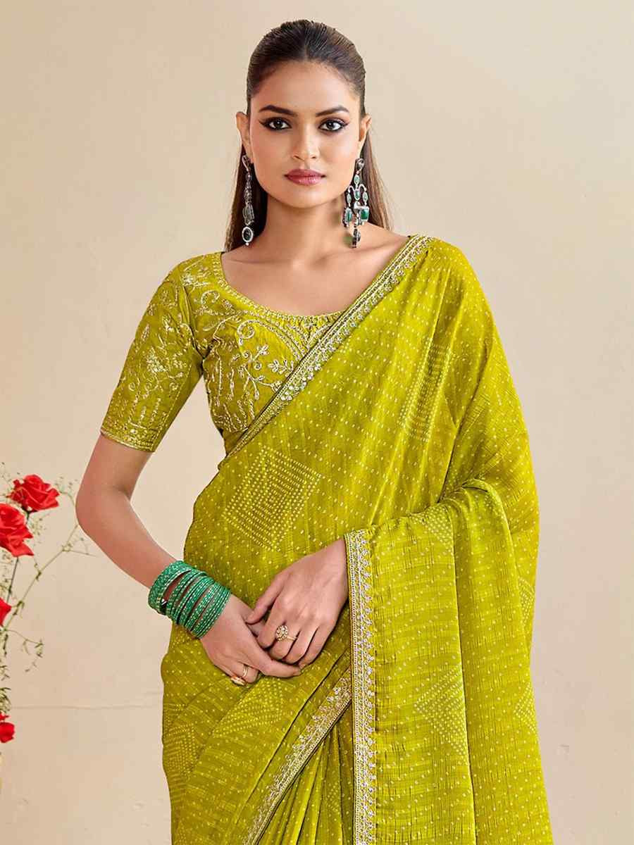 Olive Moss Chiffon Embroidery Party Bridal Reception Festival Wedding Fancy Heavy Border Saree
