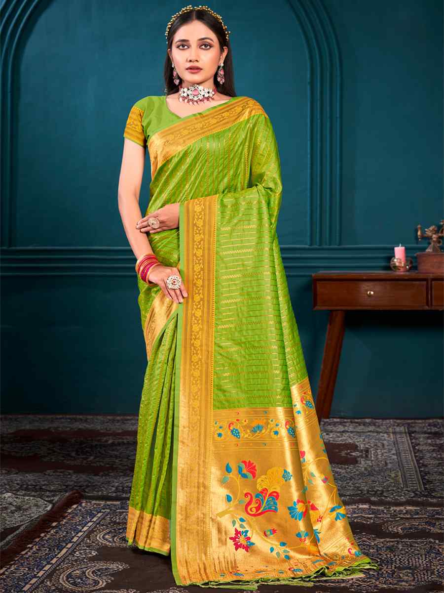 Olive Paithani Silk Handwoven Wedding Festival Heavy Border Saree