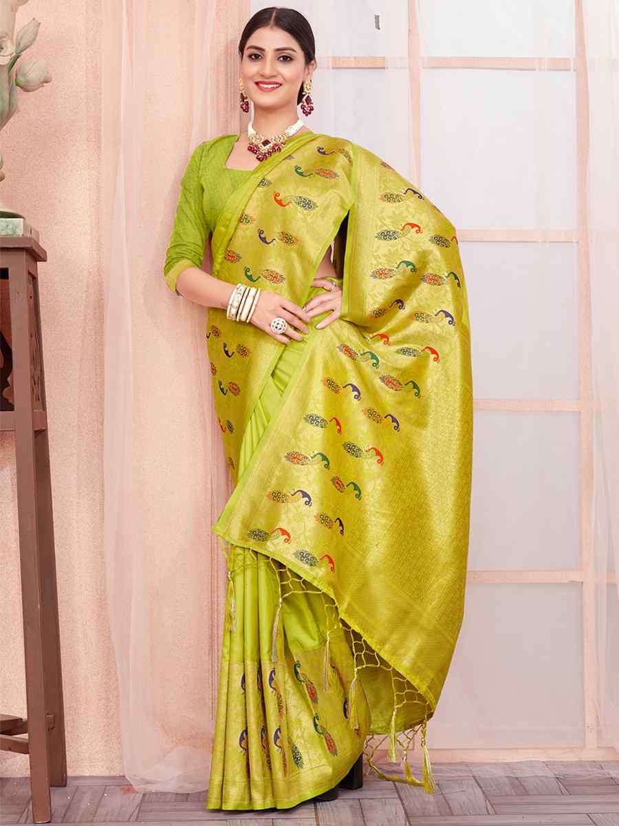 Olive Paithani Silk Handwoven Wedding Festival Heavy Border Saree