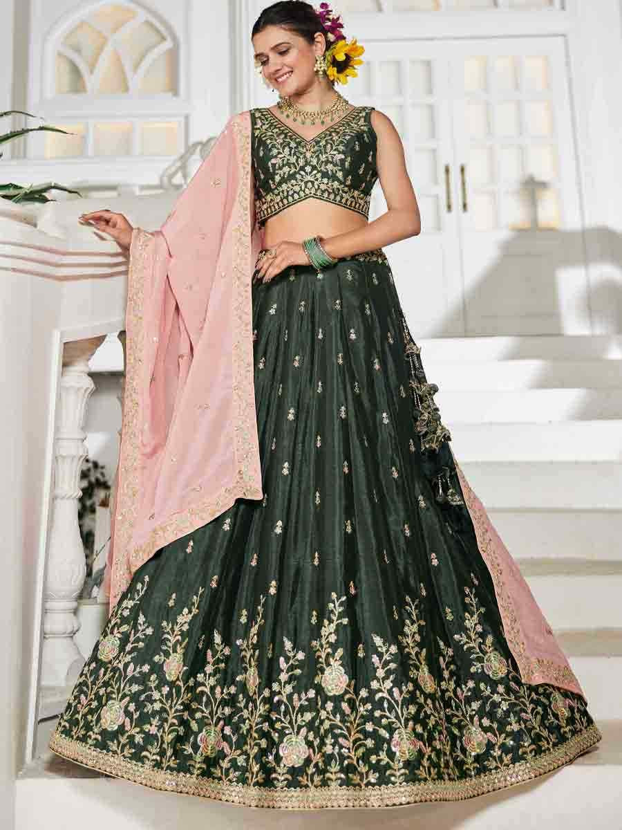 Olive Poly Chiffon Embroidered Reception Wedding Heavy Border Lehenga Choli
