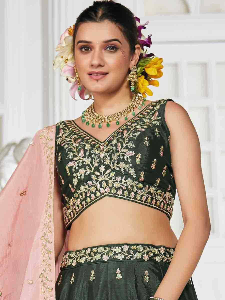 Olive Poly Chiffon Embroidered Reception Wedding Heavy Border Lehenga Choli