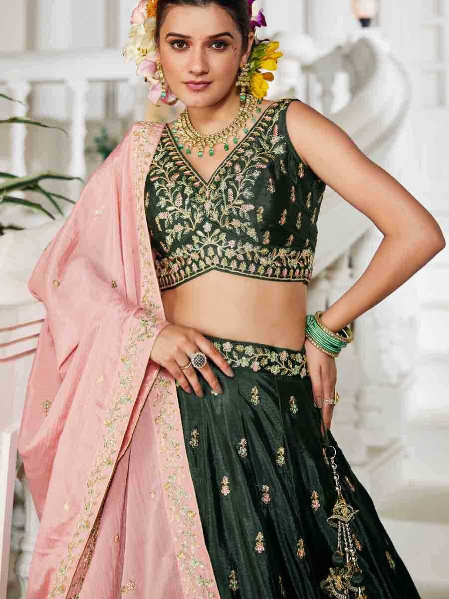 Olive Poly Chiffon Embroidered Reception Wedding Heavy Border Lehenga Choli