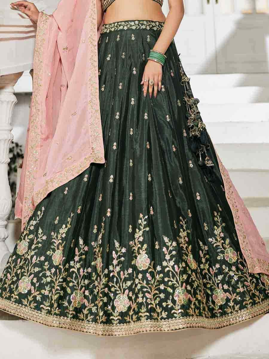 Olive Poly Chiffon Embroidered Reception Wedding Heavy Border Lehenga Choli