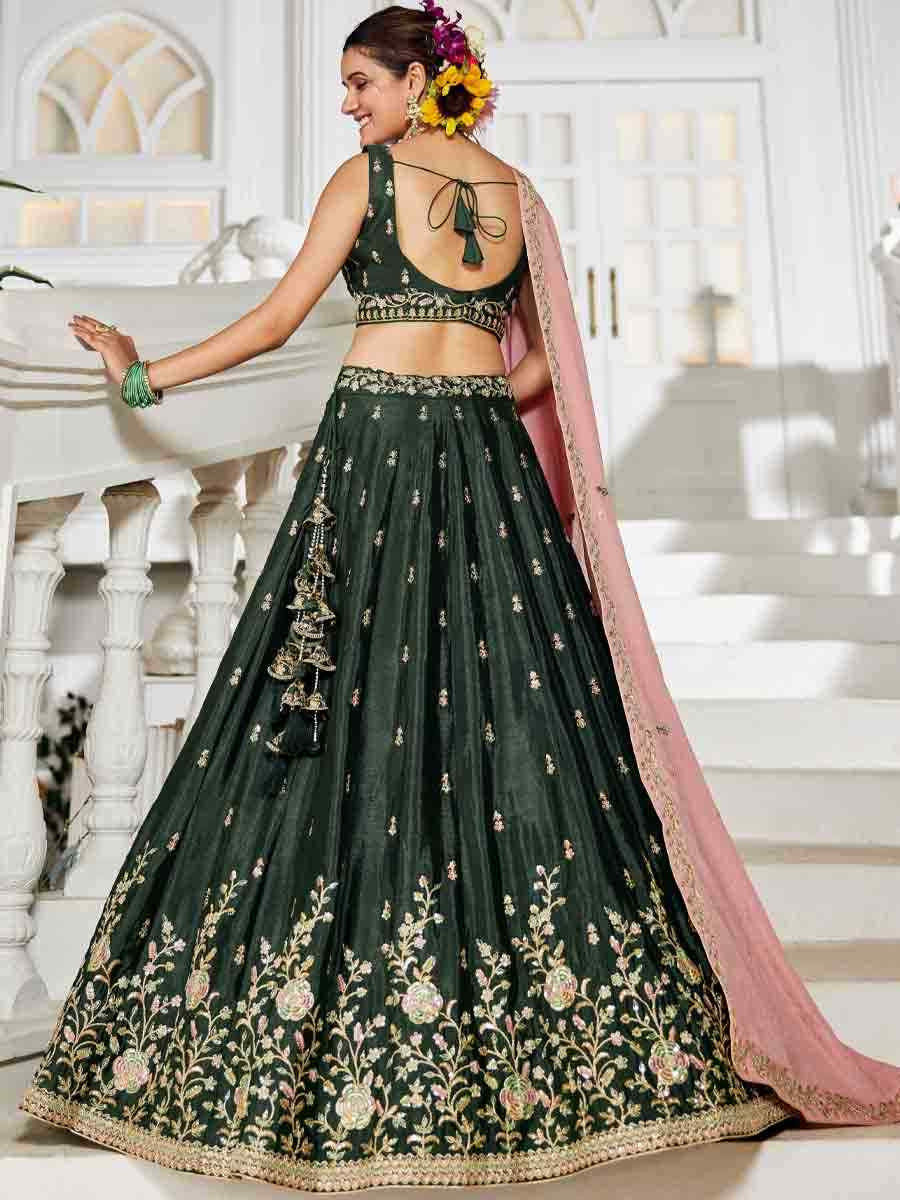 Olive Poly Chiffon Embroidered Reception Wedding Heavy Border Lehenga Choli