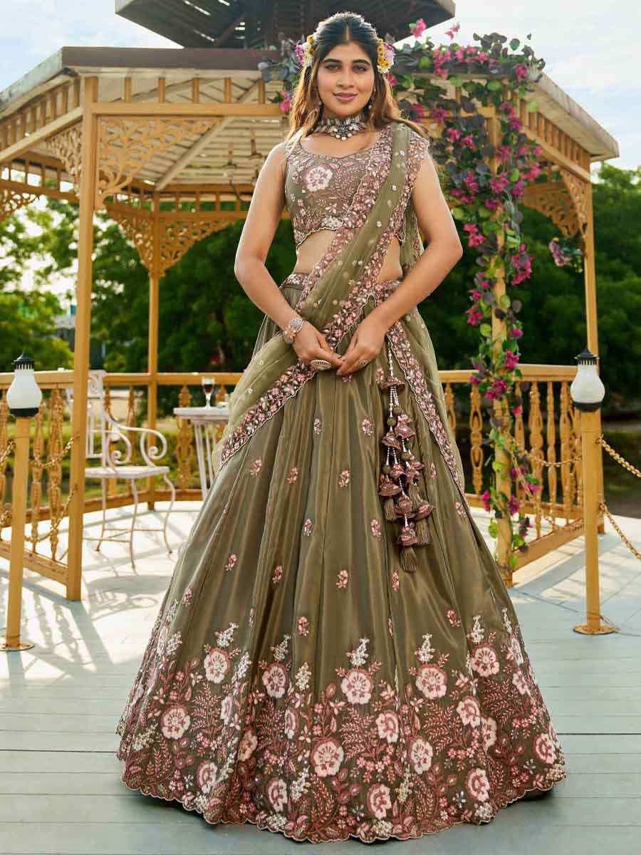 Olive Satin Embroidered Reception Wedding Heavy Border Lehenga Choli