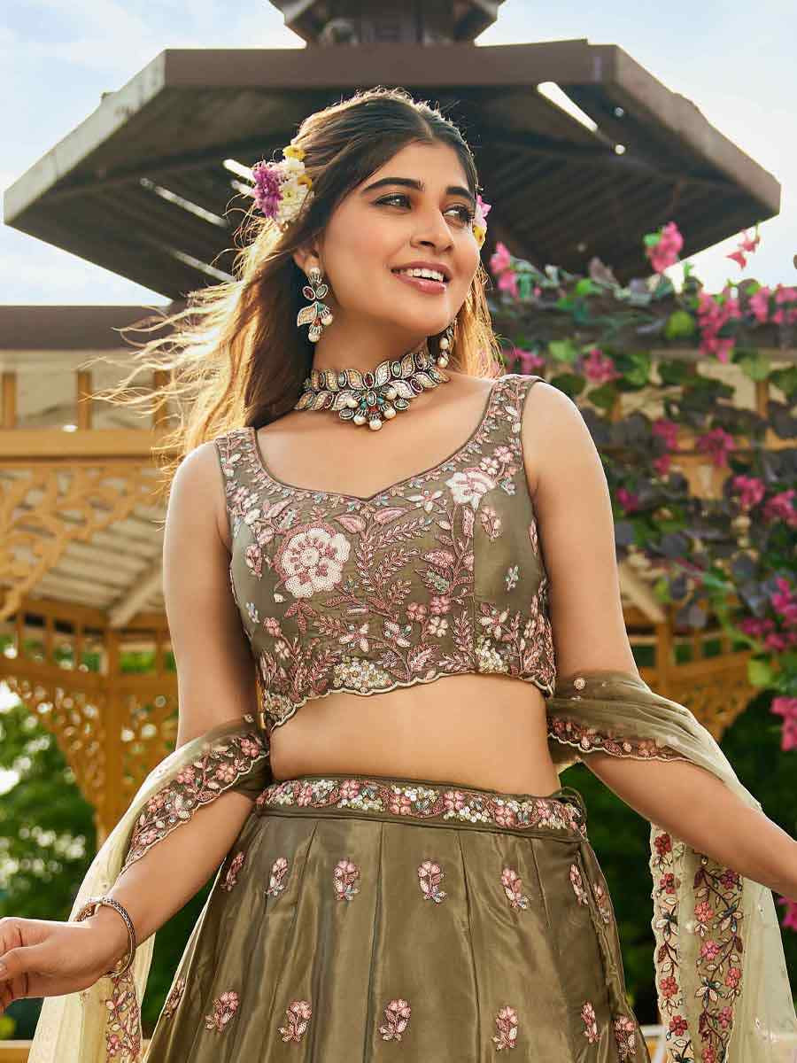 Olive Satin Embroidered Reception Wedding Heavy Border Lehenga Choli