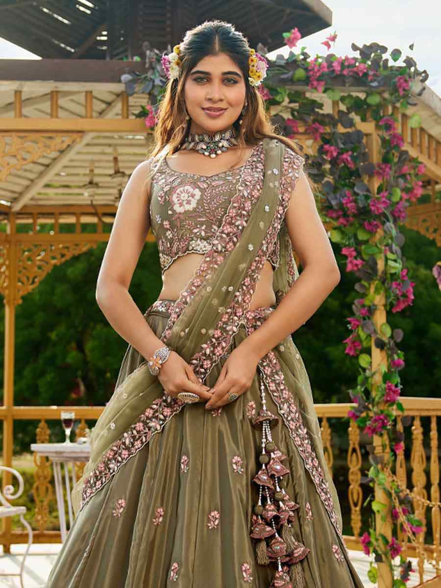 Olive Satin Embroidered Reception Wedding Heavy Border Lehenga Choli