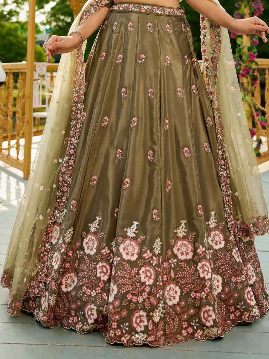 Olive Satin Embroidered Reception Wedding Heavy Border Lehenga Choli