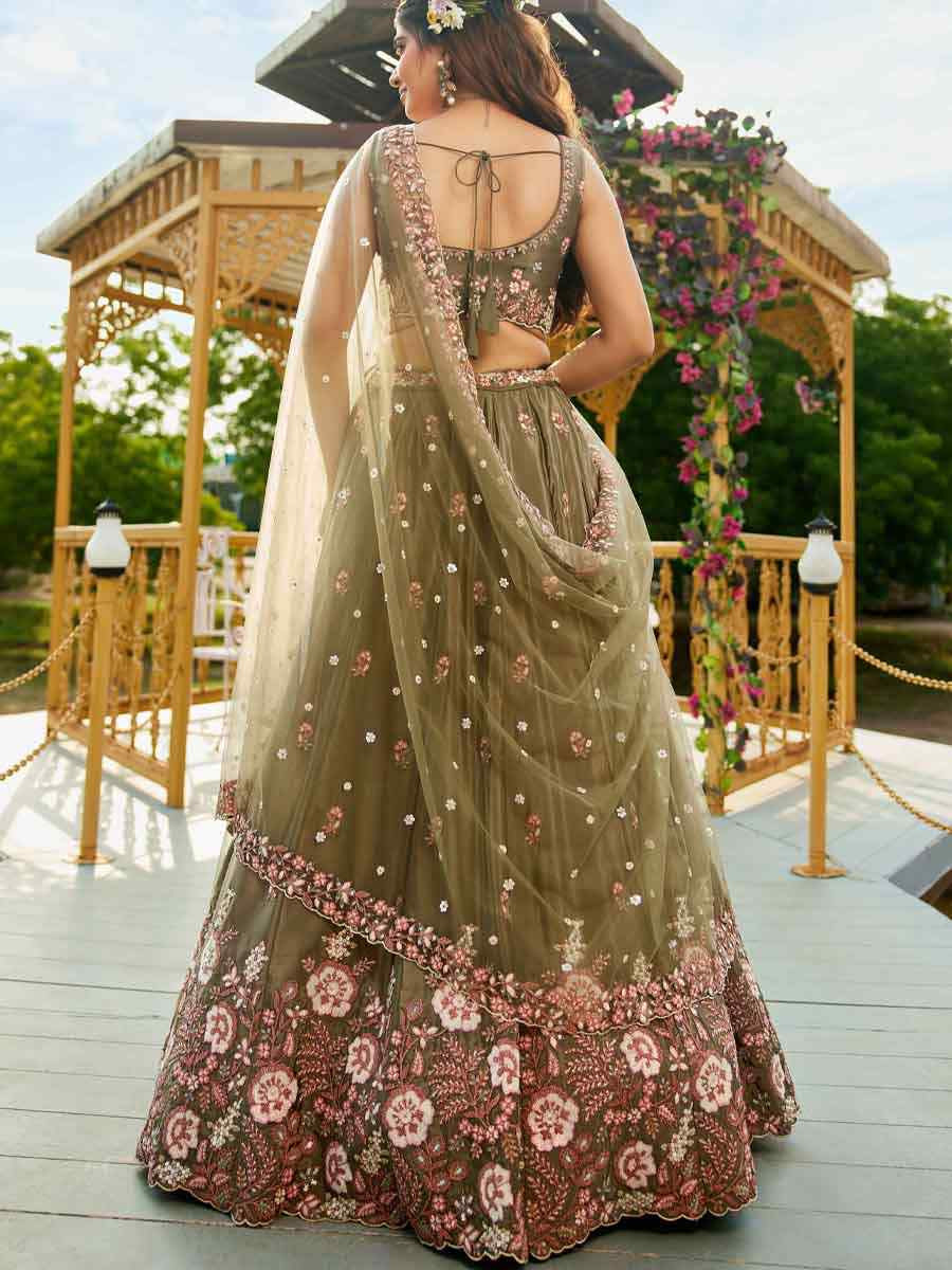 Olive Satin Embroidered Reception Wedding Heavy Border Lehenga Choli