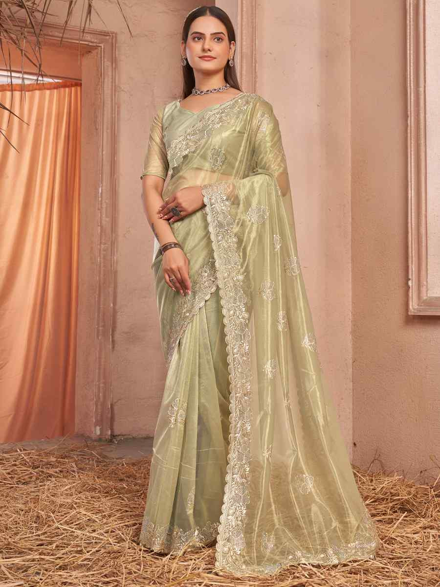 Olive Shimer Silver Net Handwoven Festival Wedding Heavy Border Saree