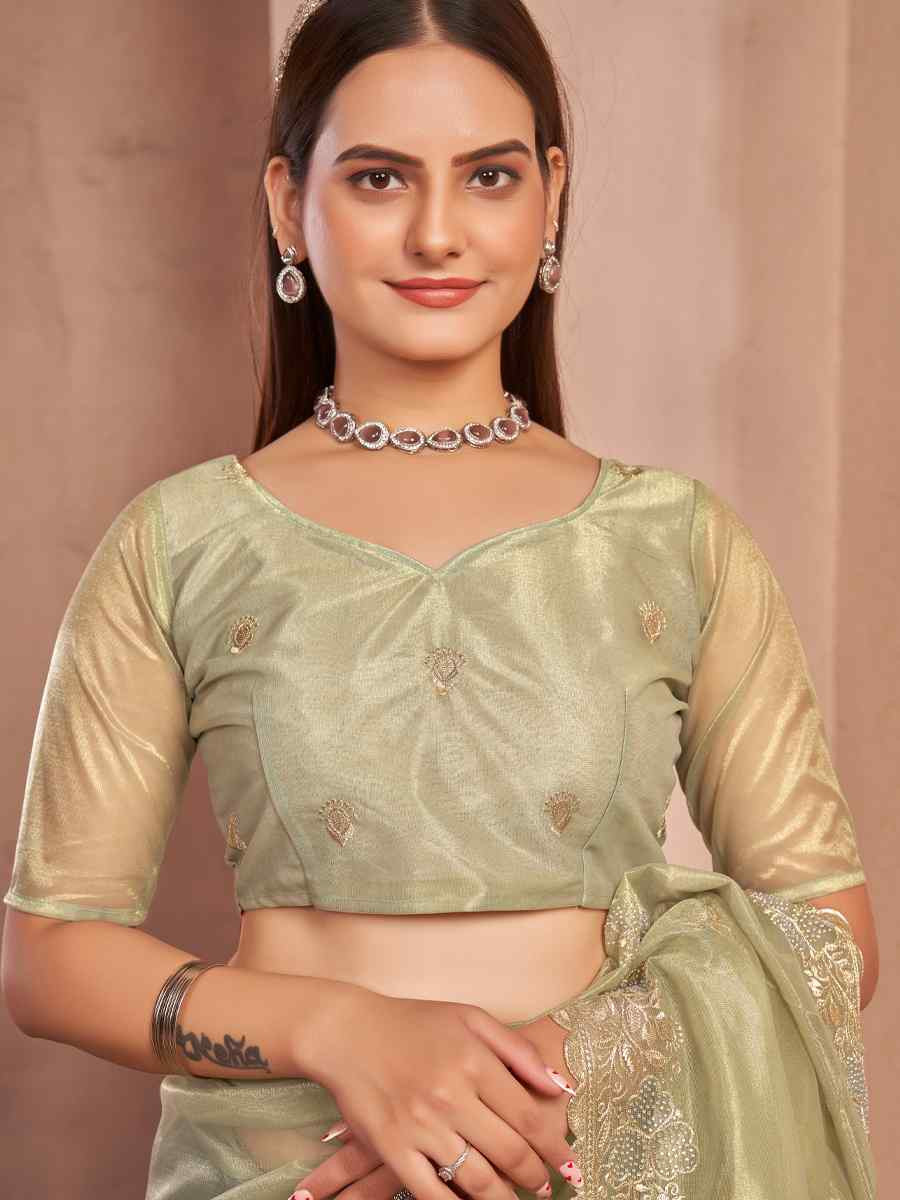 Olive Shimer Silver Net Handwoven Festival Wedding Heavy Border Saree