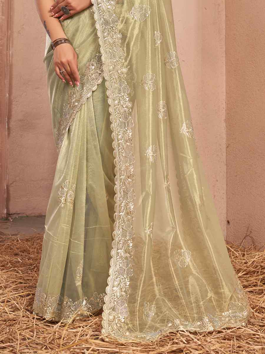Olive Shimer Silver Net Handwoven Festival Wedding Heavy Border Saree