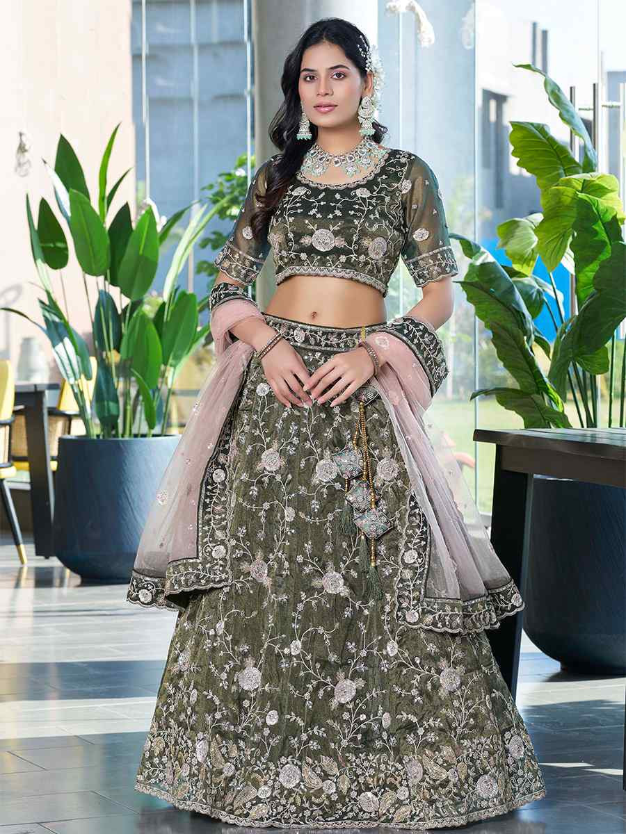 Olive Silk Embroidered Reception Wedding Lehenga Choli