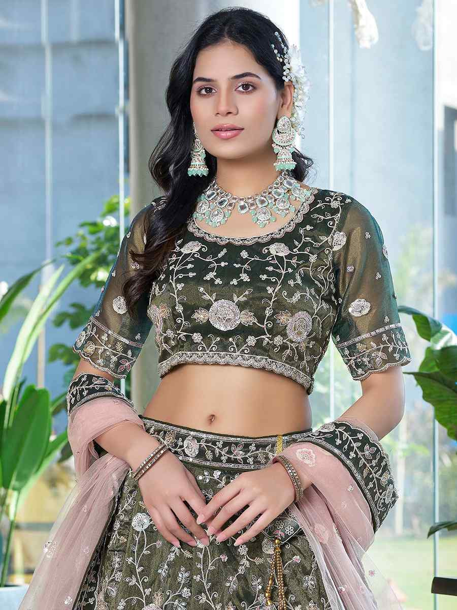 Olive Silk Embroidered Reception Wedding Lehenga Choli