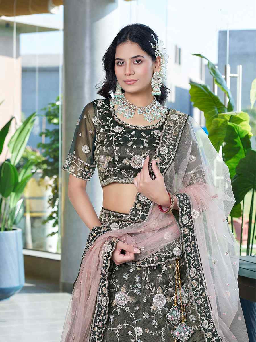Olive Silk Embroidered Reception Wedding Lehenga Choli