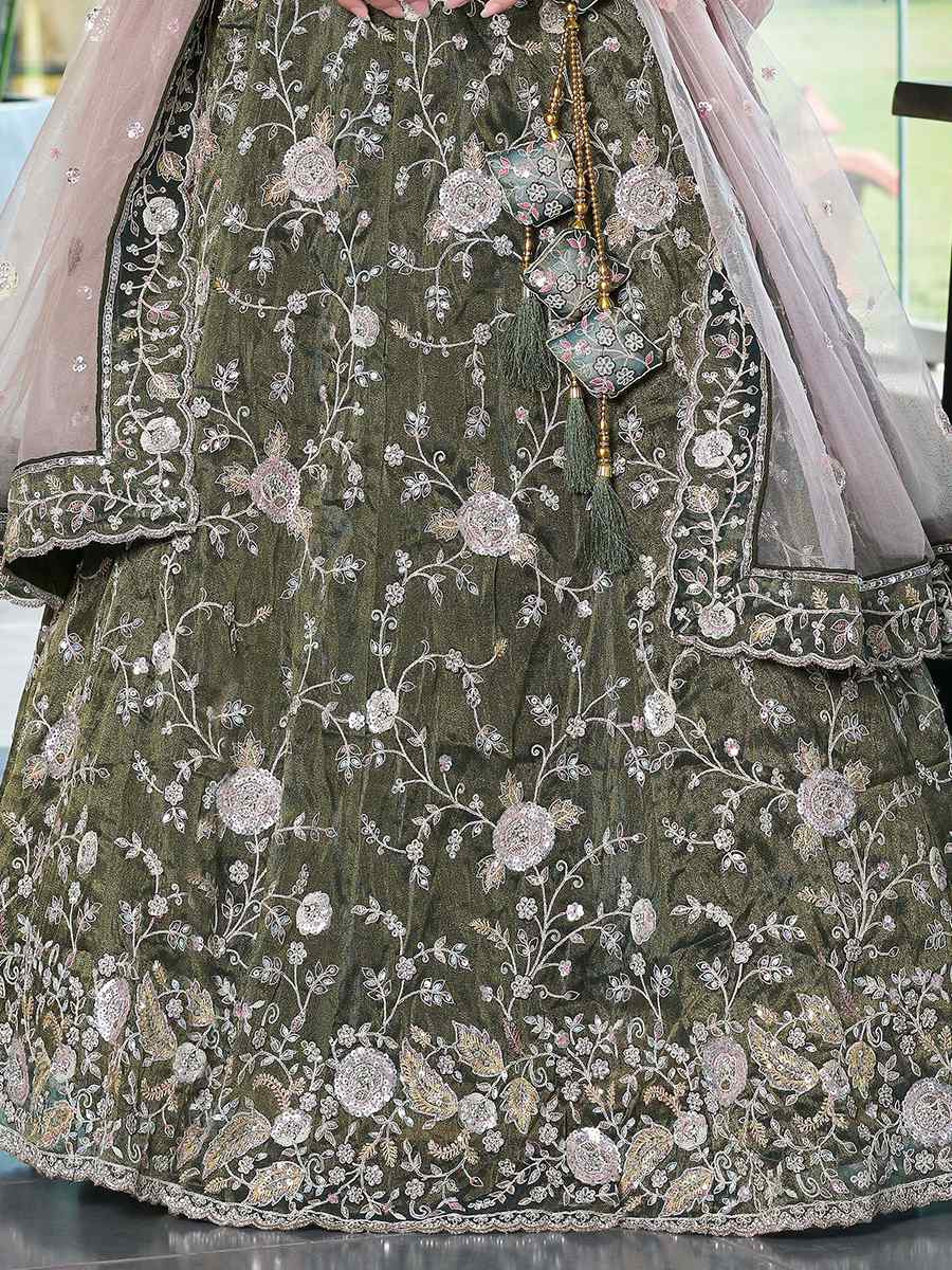 Olive Silk Embroidered Reception Wedding Lehenga Choli