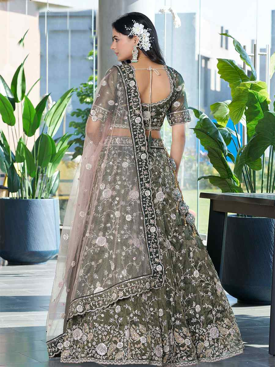 Olive Silk Embroidered Reception Wedding Lehenga Choli
