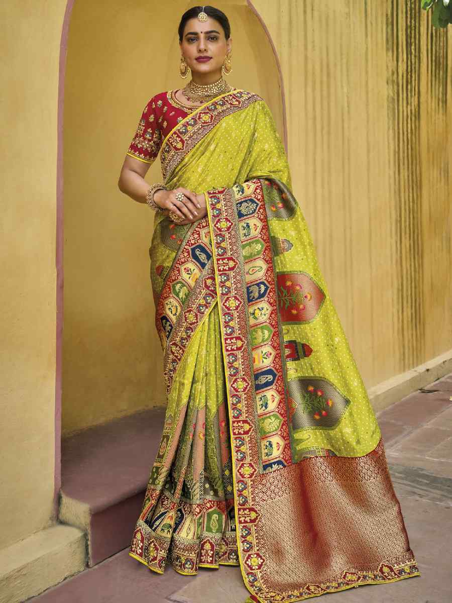 Olive Silk Embroidered Wedding Festival Heavy Border Saree