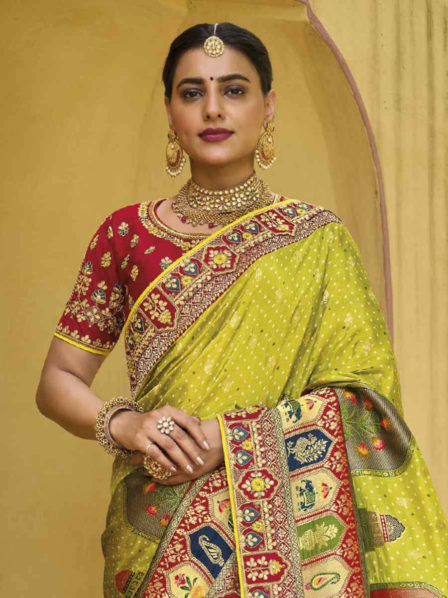 Olive Silk Embroidered Wedding Festival Heavy Border Saree