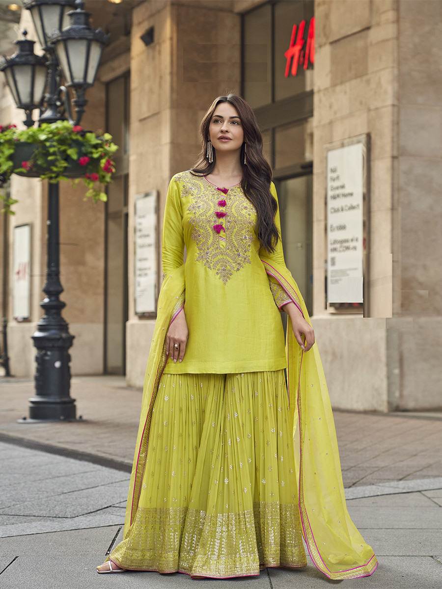 Olive Yellow Vichitra Silk Embroidery Sequins Wedding Party Festival Casual Ready Sharara Pant Salwar Kameez